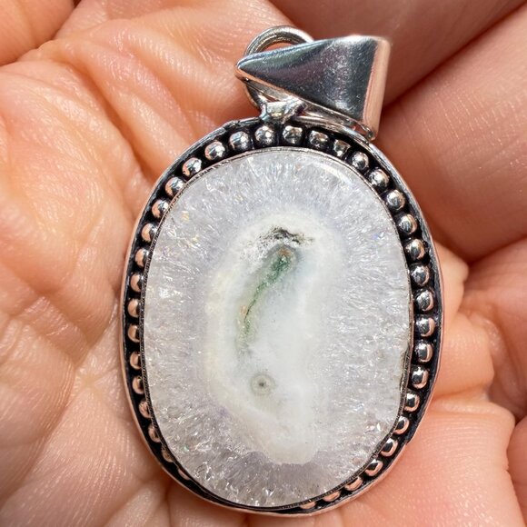 Jewelry - Solar Quartz Druzy Pendant – Sterling Stamped Bale – Oval Stone Jewelry